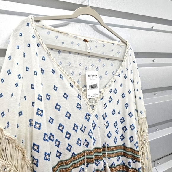 NWT Free People Lyocell Linen Macra Maze Ivory Combo Fringe Blouse - Picture 5 of 12